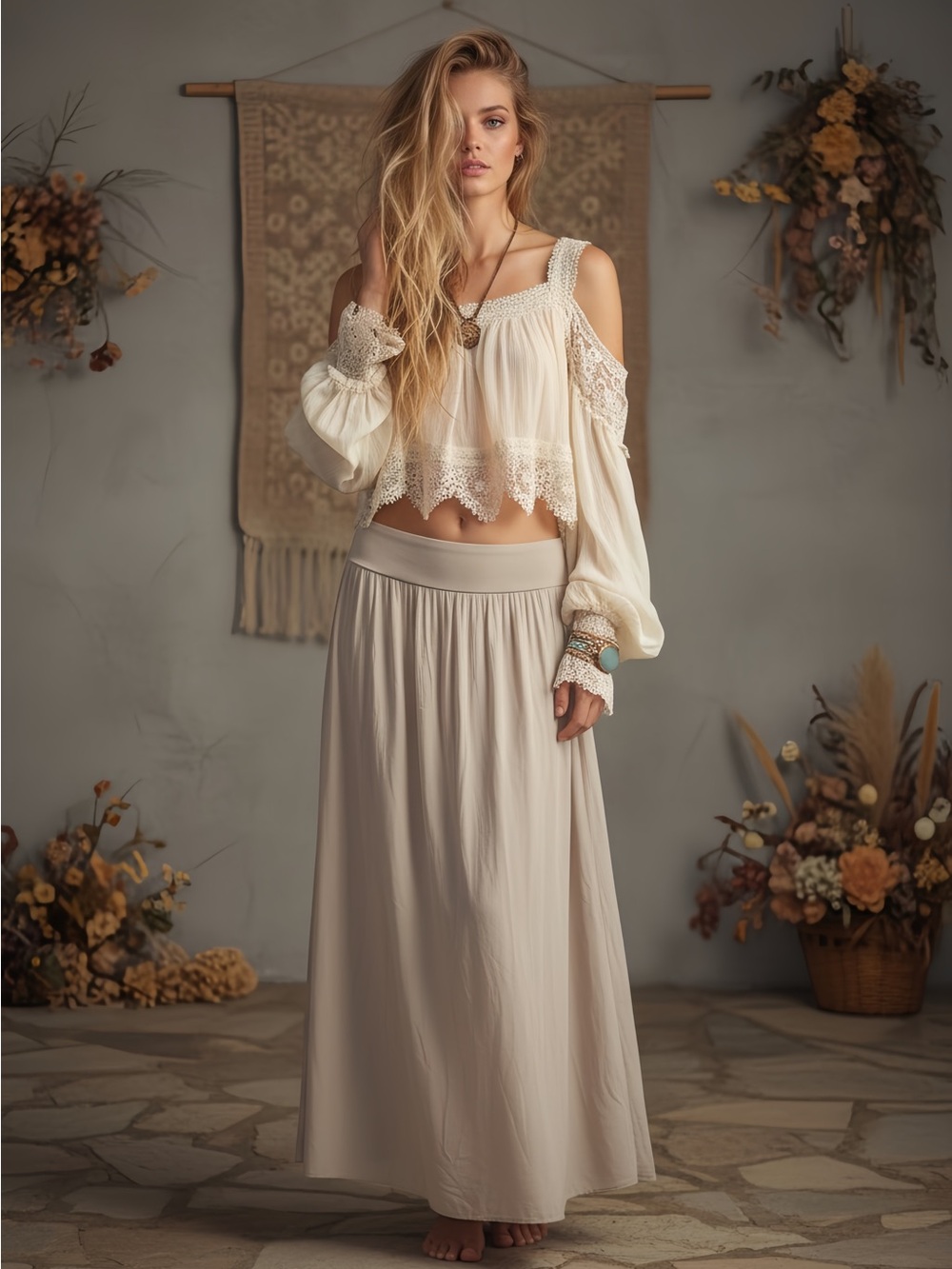 Italian Bamboo Grey-Taupe Maxi Skirt with Wide Waistband - Picture 1 of 8